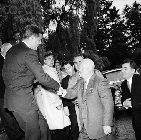 Kennedy and Krushchev Shake Hands at Meeting